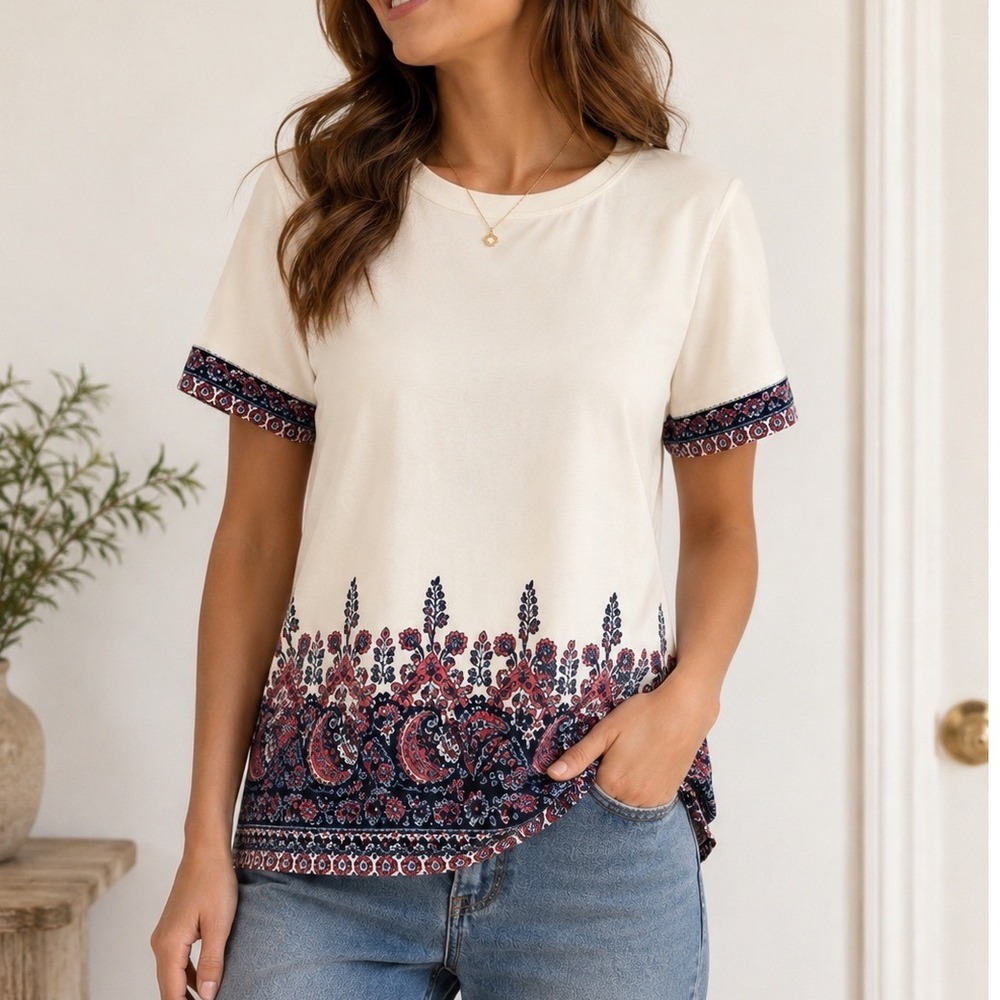Ann Taylor LOFT Petites White Paisley Border Print Short Sleeve Blouse LP EUC